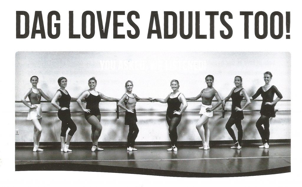 A group of dancers posing with the words dag loves adults too.