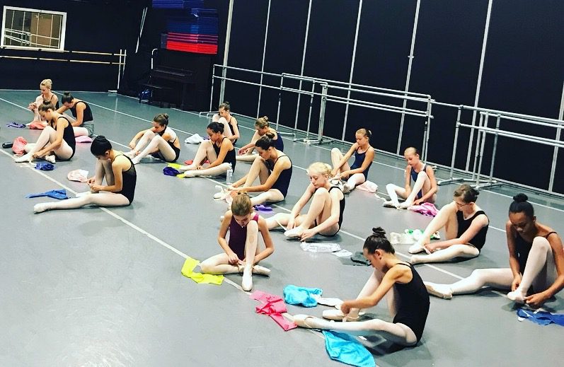 A group of dancers sitting on the floor in a dance studio.