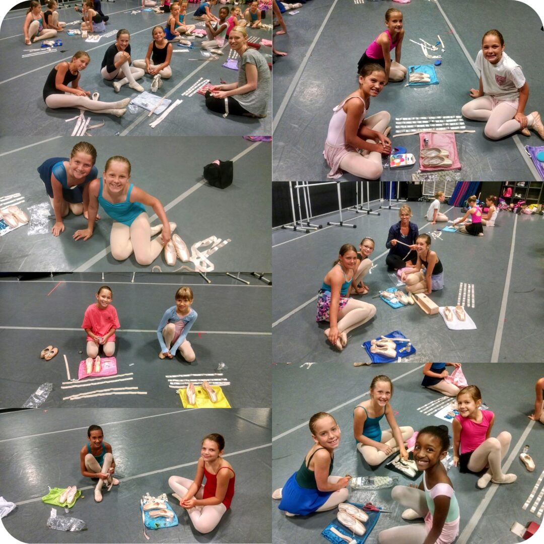 A collage of girls sitting on the floor with ballet shoes.