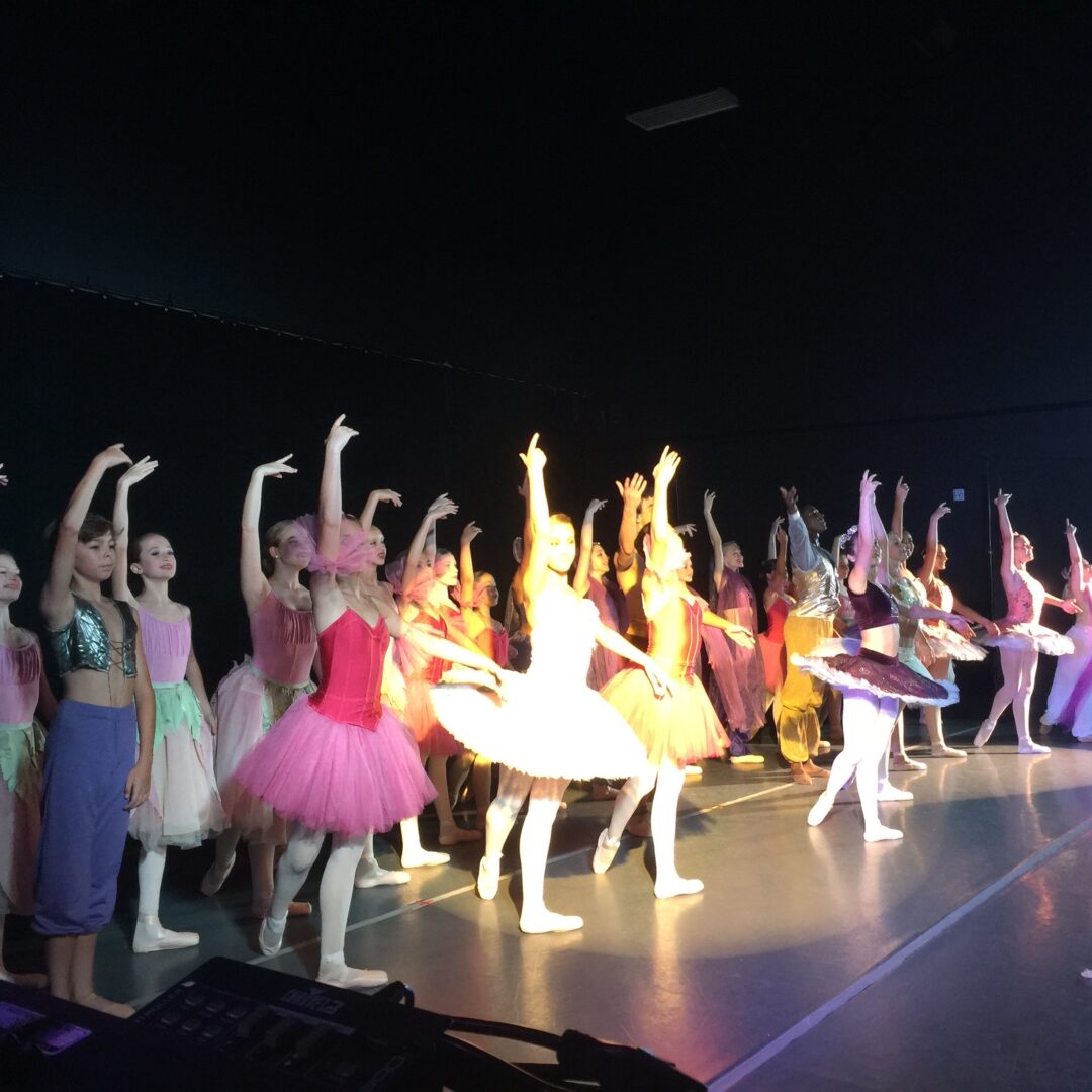 A group of dancers in tutus on stage.