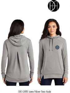 A women's grey hoodie with a monogram on it.