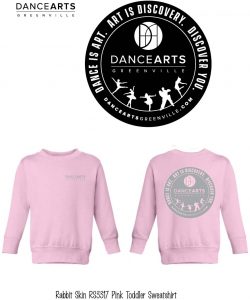 A pink sweatshirt with the words dancearts on it.