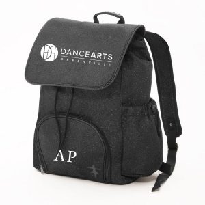 A black backpack with the word dancearts on it.