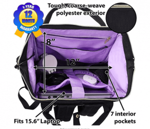 The inside of a purple bag with a laptop inside.